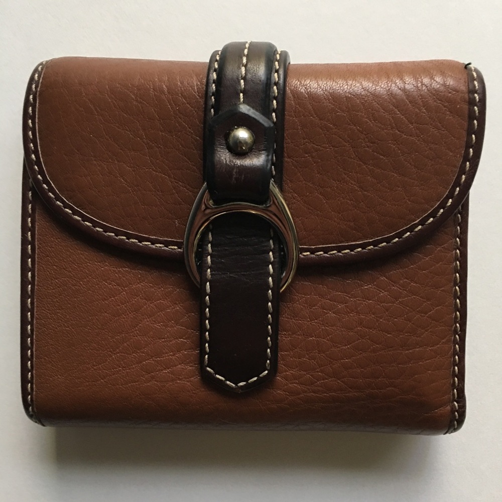 Dooney & Bourke Wallet Pebbled Leather Small Brown Silver Snap Zip 8 Slots